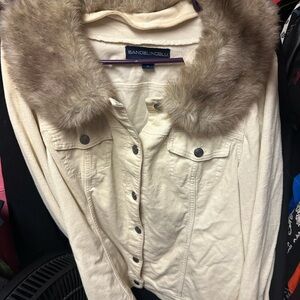 Bandolino Cream Jean Jacket with Faux Fur Collar